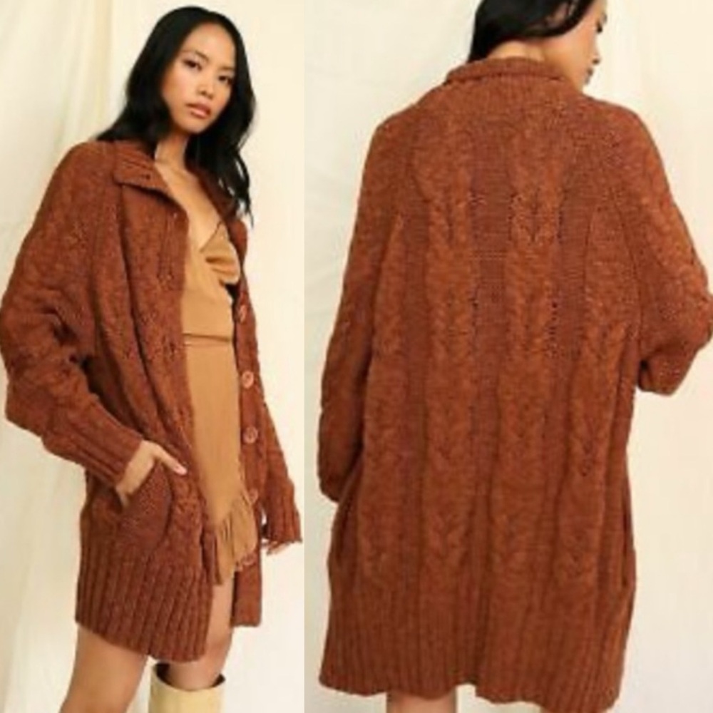 Free People Espresso Cardi Cardigan Oversize Chunky Cable Knit In Caribou